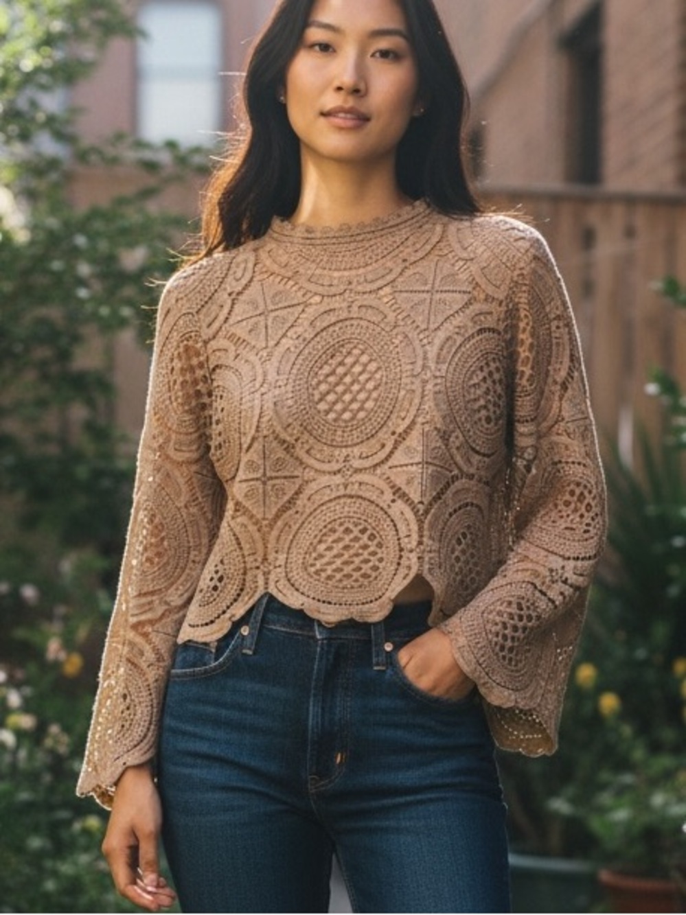 Ultra Pink Crocheted Lace Scallop-Hem Long Sleeve Blouse - Taupe